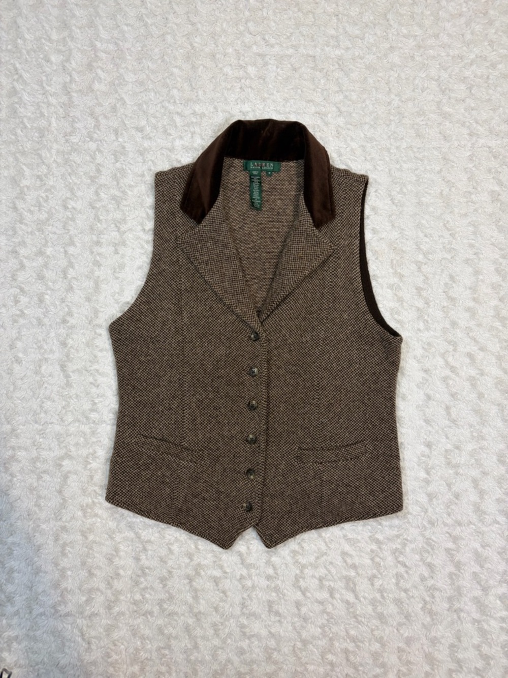 Lauren Ralph Lauren Tweed Vest Velvet Collar Wool Brown Old Money Women Medium